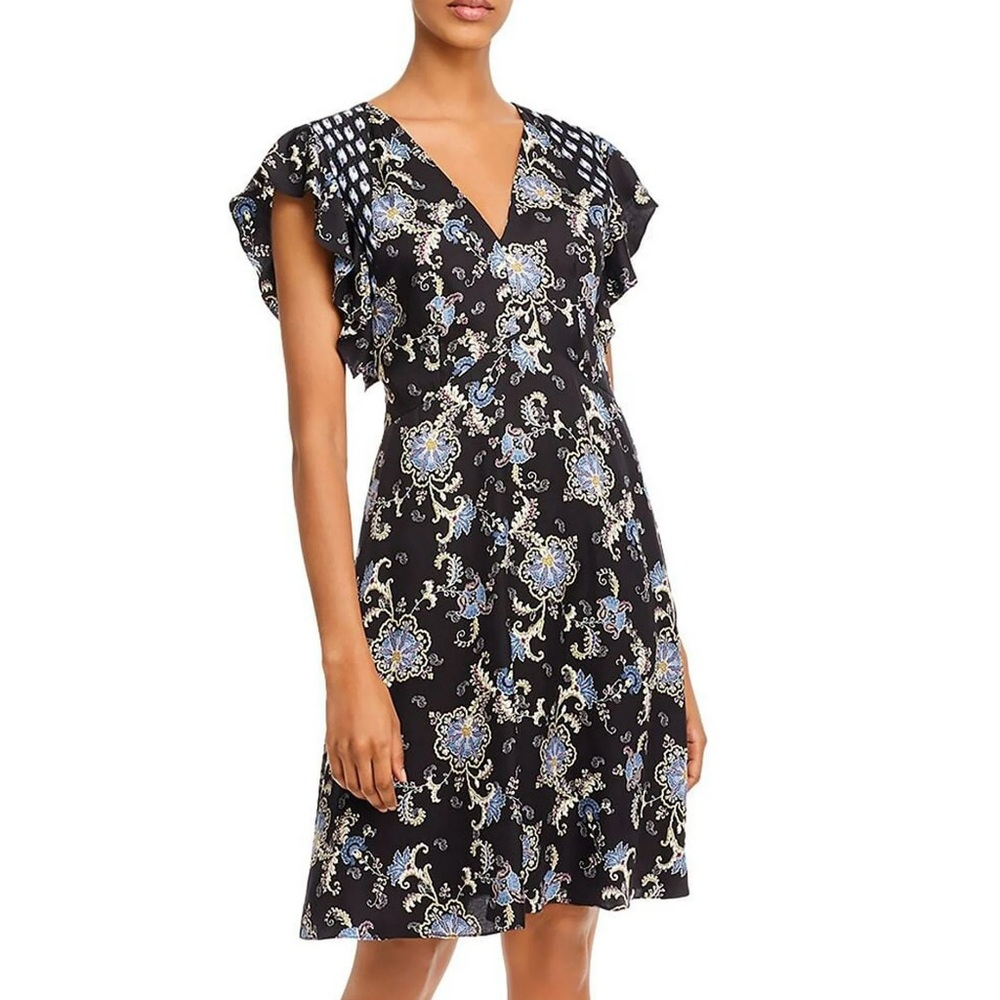 Rebecca Taylor Silk-Blend Flutter Sleeve Black Print Dress, size 16